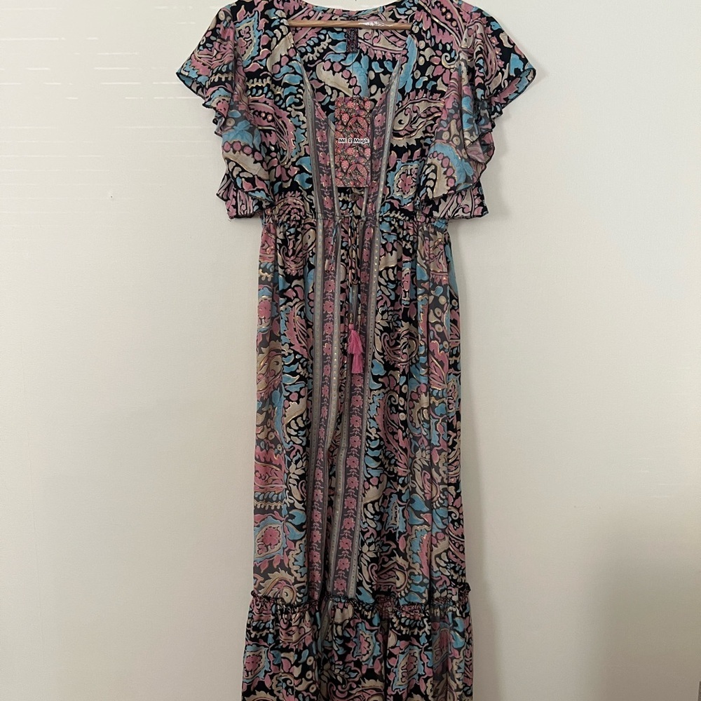 Me 2 Magic Anthropologie Maxi Dress‎ Medium Paisley Boho Metallic Whimsical Glam